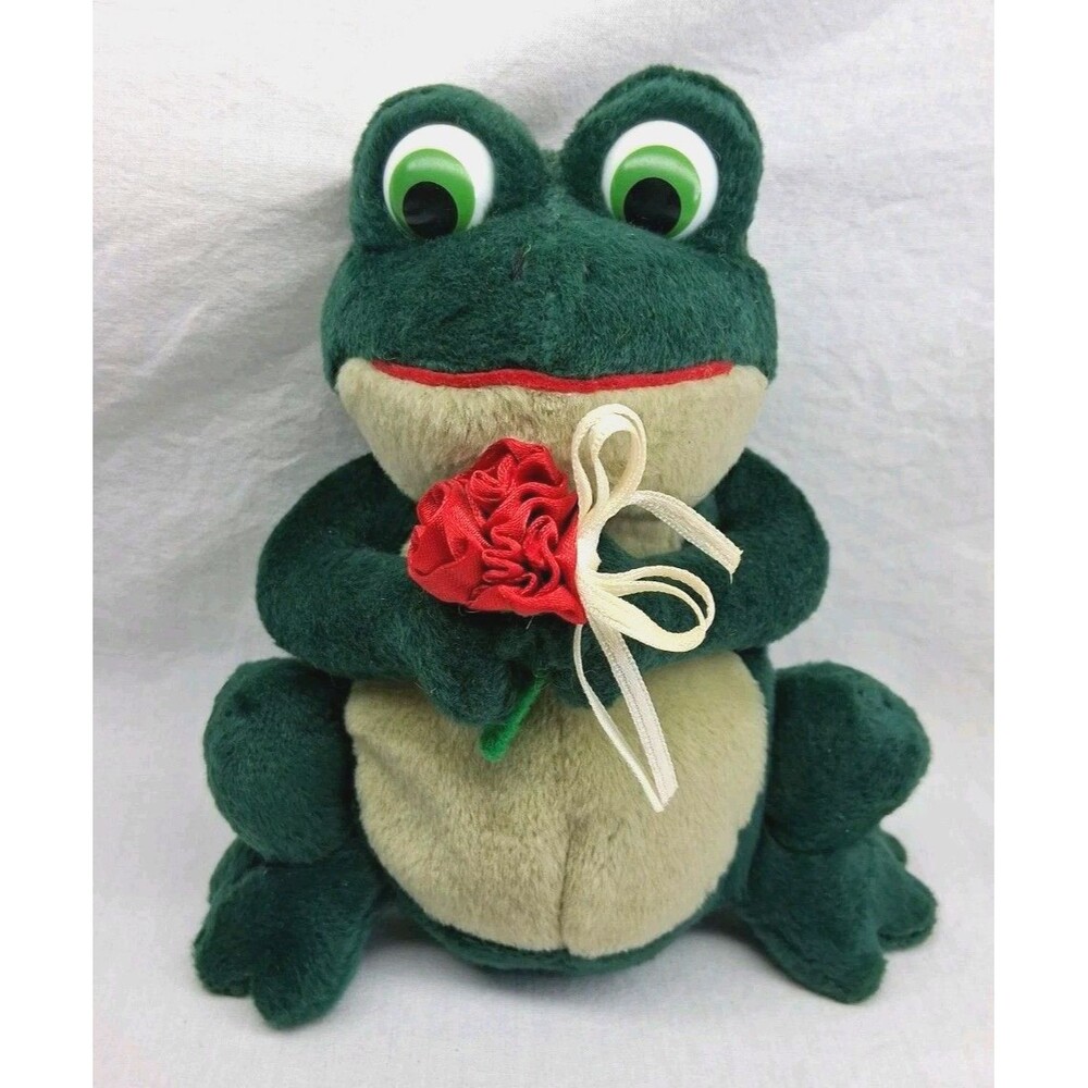 Russ Berrie & Co Frolic Green Stuffed Frog Holding a Flower 6" Plush RARE!